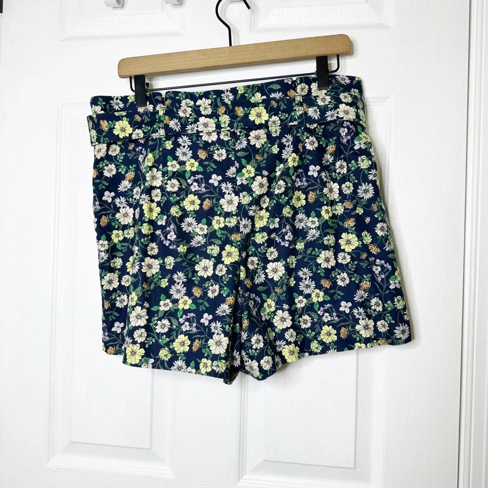 LOFT Floral Linen Blend Paperbag‎ Shorts Womens 8 Navy Blue Excellent Belted